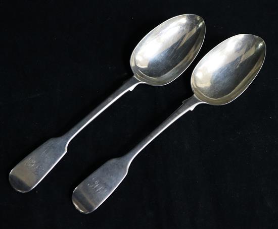 Two Victorian silver fiddle pattern tablespoons, London, 1845 & 1856.